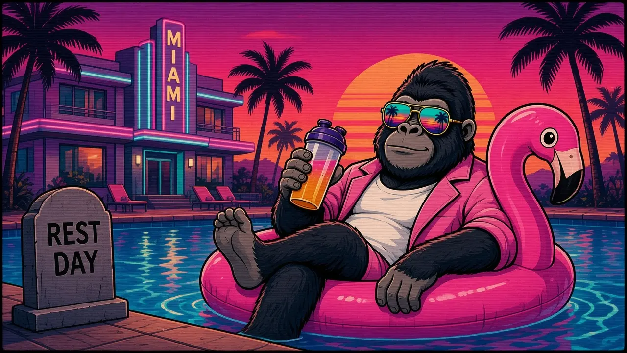 The Silverback on a flamingo pool float, shaker in hand, beside a tombstone that reads Rest Day