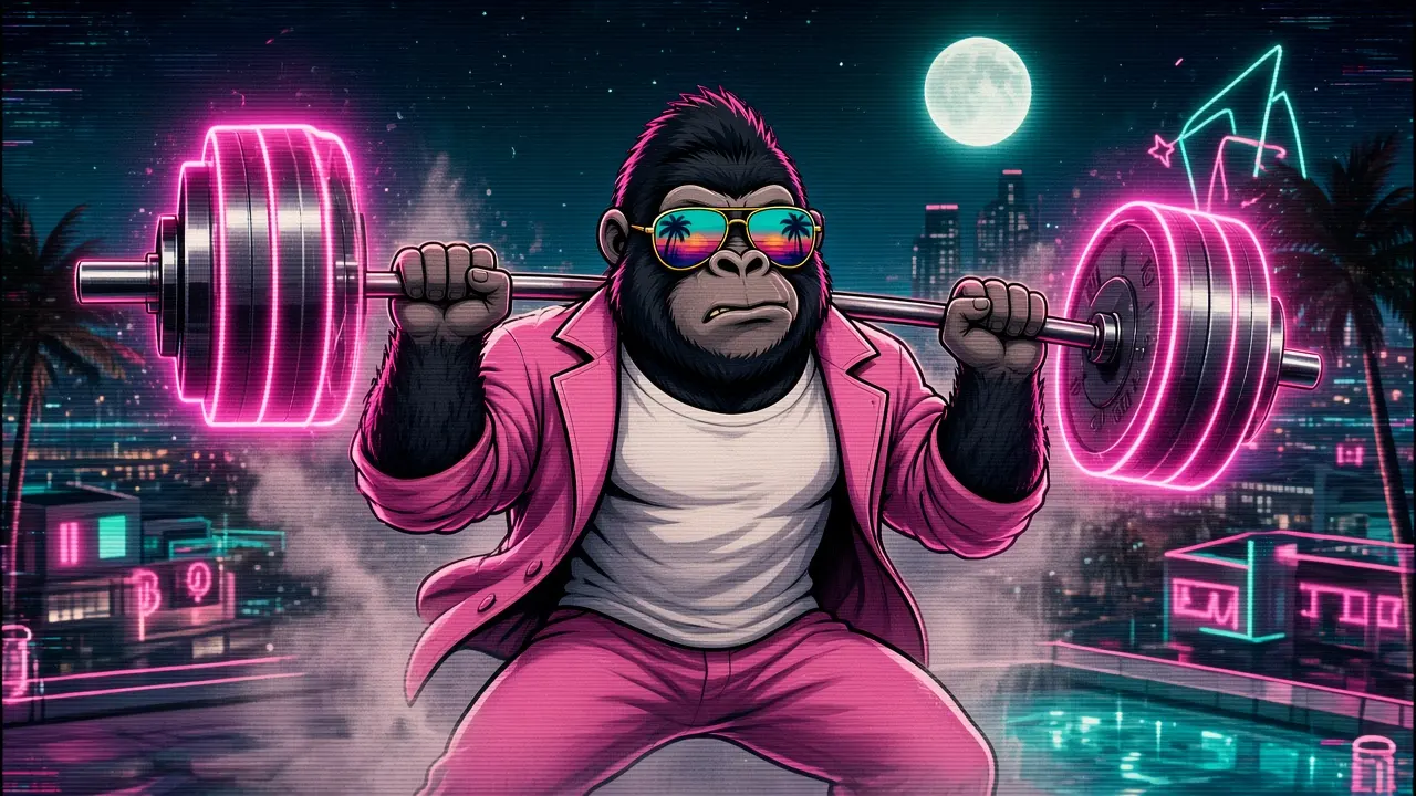 The Silverback squatting a neon-plated barbell on a Miami rooftop at night
